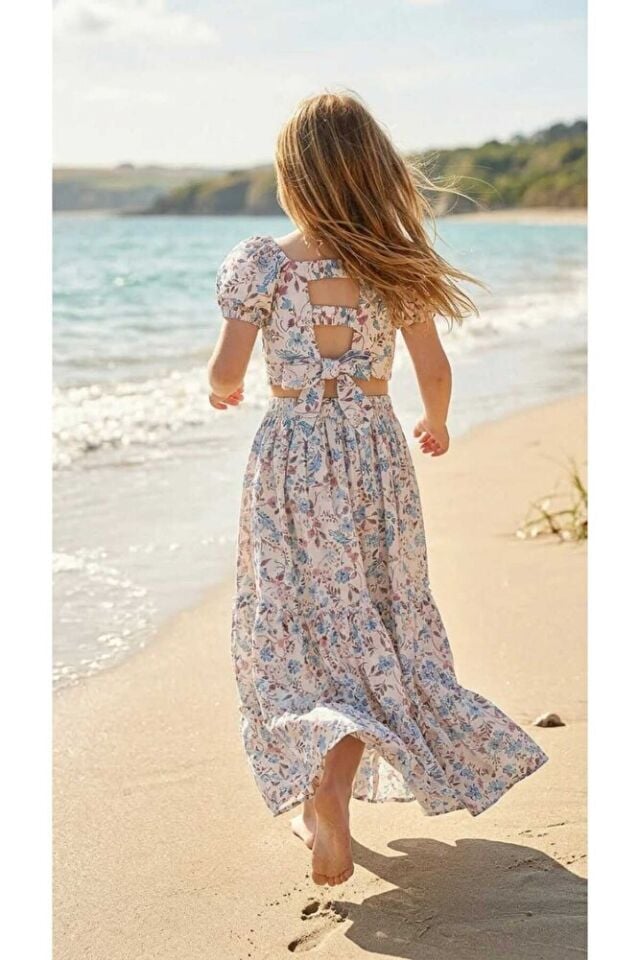 Alice Çiçek Desenli Kız Çocuk Crop Blüz Etek Takım
