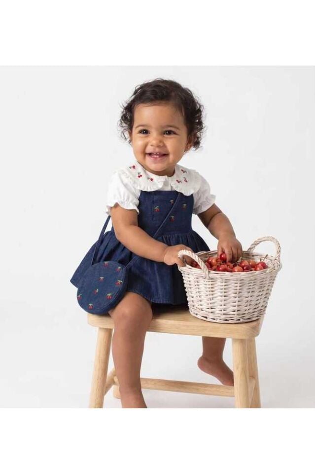 Cherry Nakış İşlemeli Gömlekli Çanta Aksesuarlı Kız Bebek Romper Set