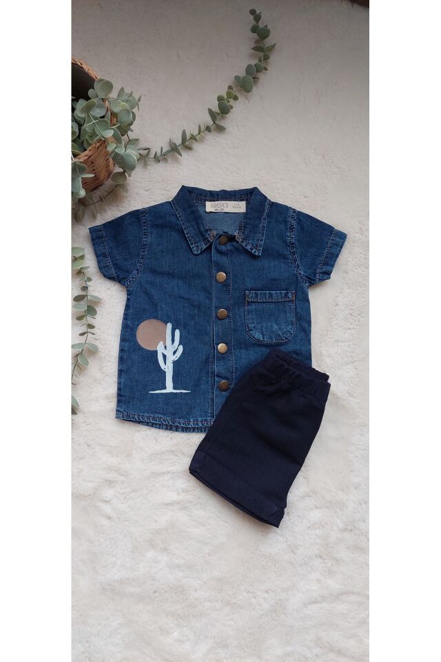 ministok Erkek Bebek Kot gömlekli Şortlu İkili Takım