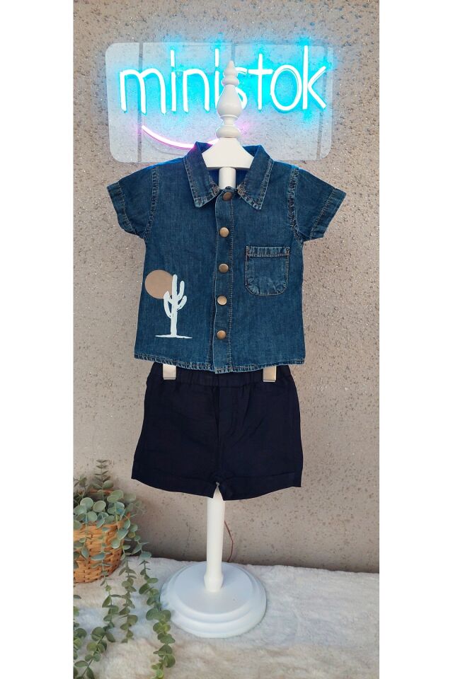 ministok Erkek Bebek Kot gömlekli Şortlu İkili Takım