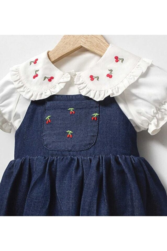 Cherry Nakış İşlemeli Gömlekli Çanta Aksesuarlı Kız Bebek Romper Set 12-18 Ay