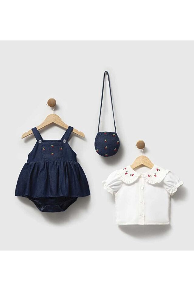 Cherry Nakış İşlemeli Gömlekli Çanta Aksesuarlı Kız Bebek Romper Set 9 - 12 Ay