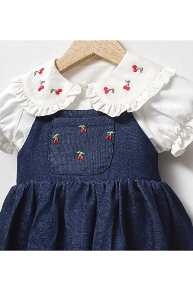 Cherry Nakış İşlemeli Gömlekli Çanta Aksesuarlı Kız Bebek Romper Set 9 - 12 Ay