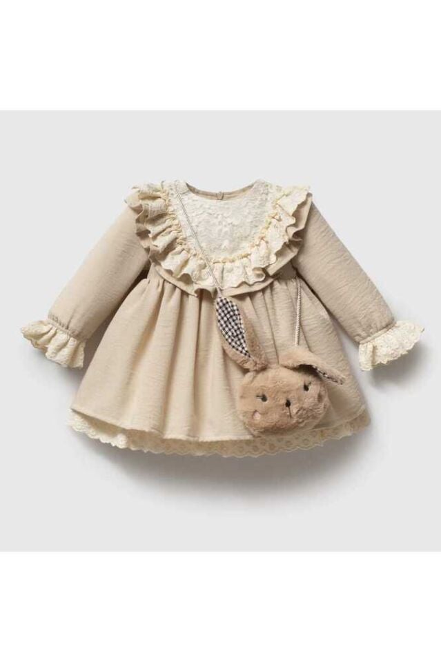 Petit Rabbit Yakası Fistolu ve Oyuncak Aksesuarlı Kız Bebek Elbise
