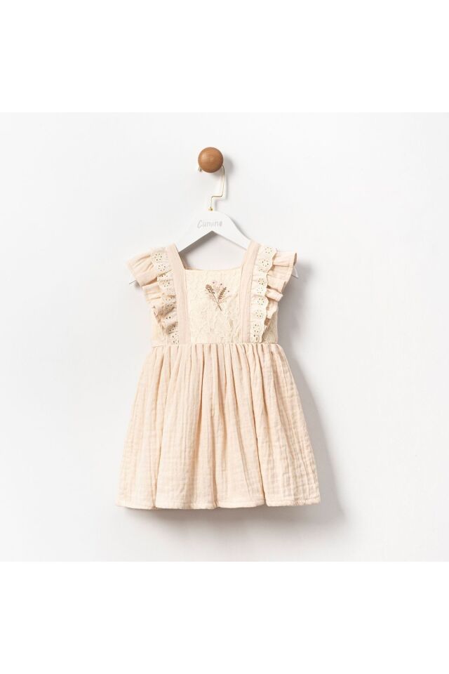 Fırfır Kollu Müslin Kız Çocuk Elbisesi