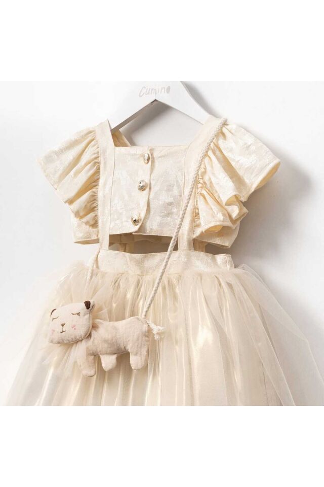 Kız Çocuk Elbisesi Ekru Aslan Aksesuarlı 2 yaş 3 yaş 4 yaş 5 yaş