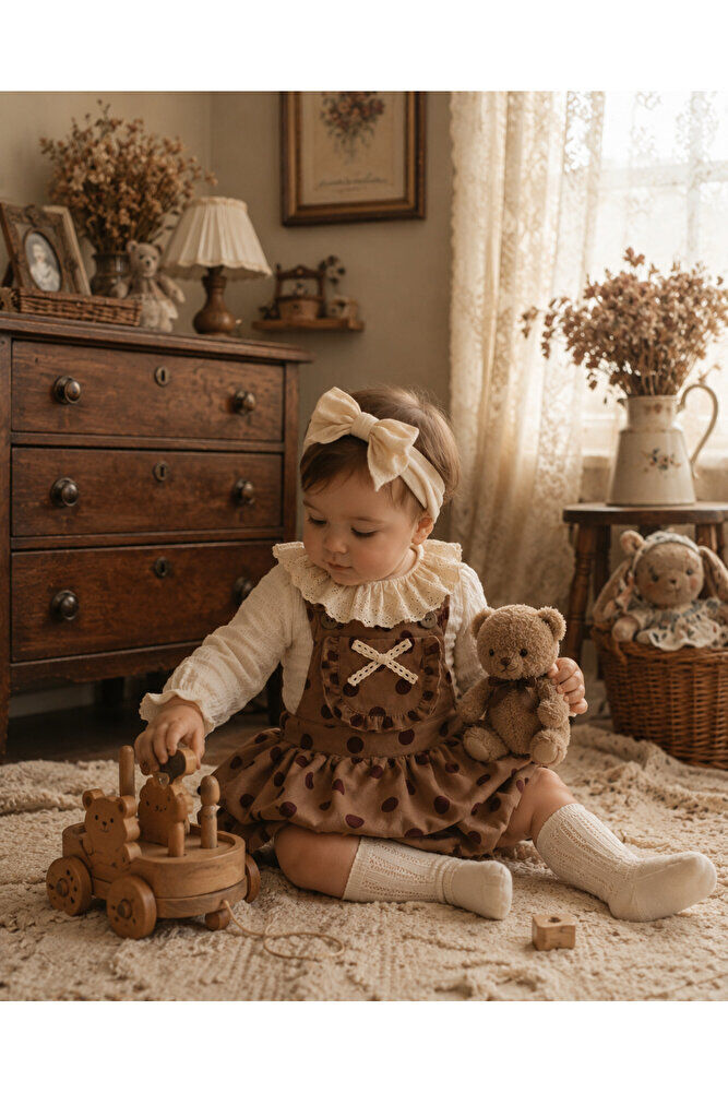 Elise Puantiyeli Vintage Salopet veFırfır yakalı Blüz 2'li Kız Bebek Takım