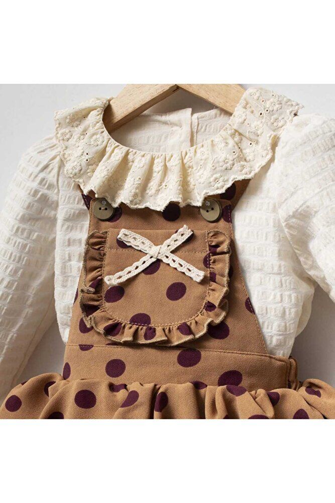 Elise Puantiyeli Vintage Salopet veFırfır yakalı Blüz 2'li Kız Bebek Takım