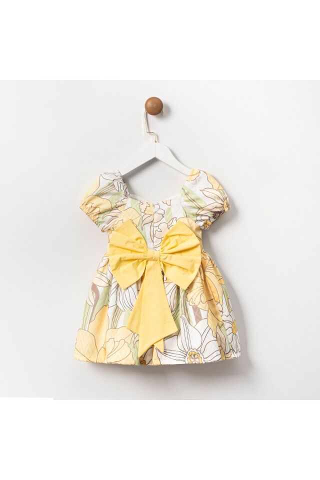 Sarı Çiçekli Fiyonklu Kız Elbise