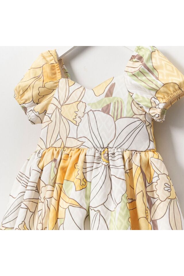 Sarı Çiçekli Fiyonklu Kız Elbise