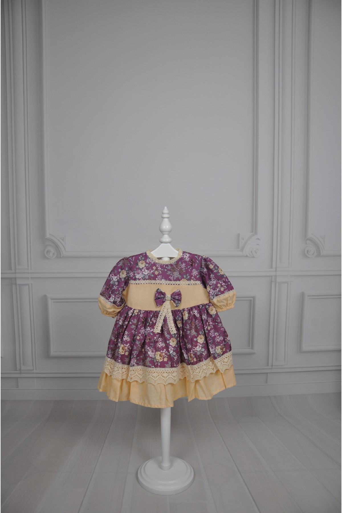 DantelliÇıtır Çiçek Desenli Vintage Elbise Vişne Kurusu - 1-2 Yaş