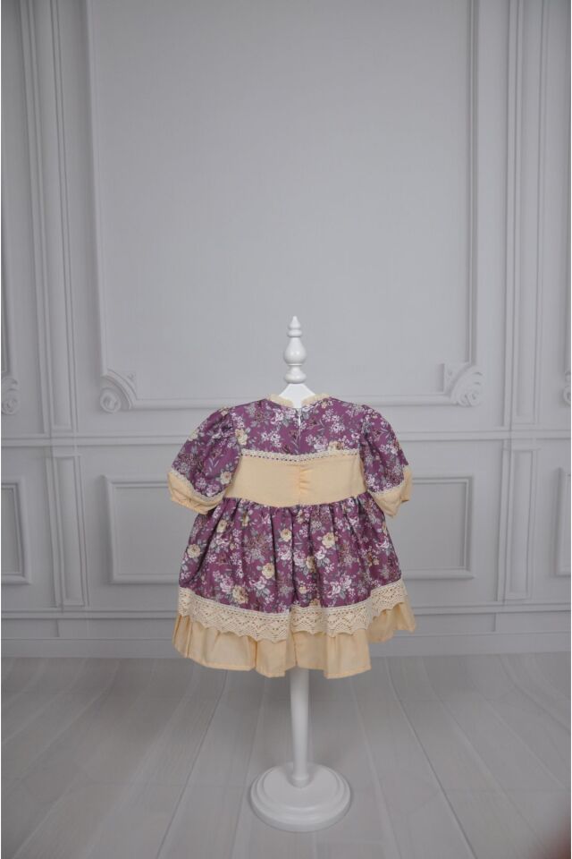 DantelliÇıtır Çiçek Desenli Vintage Elbise Mavi - 2-3 Yaş