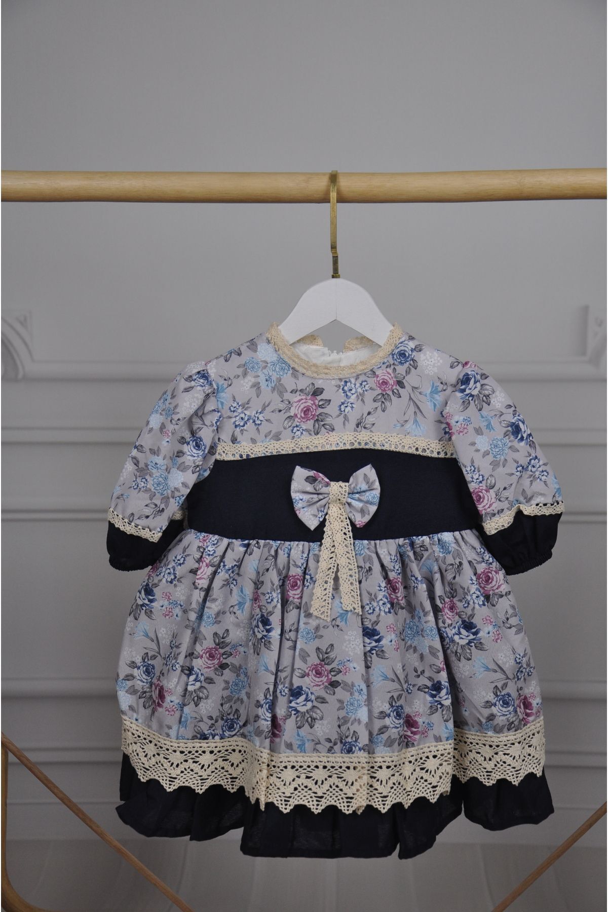 DantelliÇıtır Çiçek Desenli Vintage Elbise Mavi - 2-3 Yaş