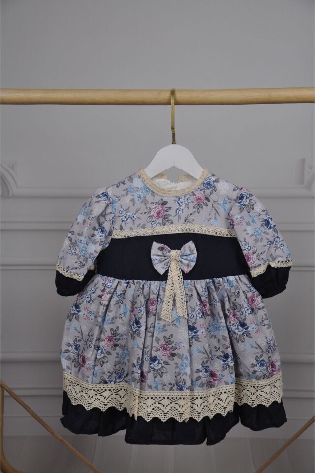 DantelliÇıtır Çiçek Desenli Vintage Elbise Mavi - 2-3 Yaş