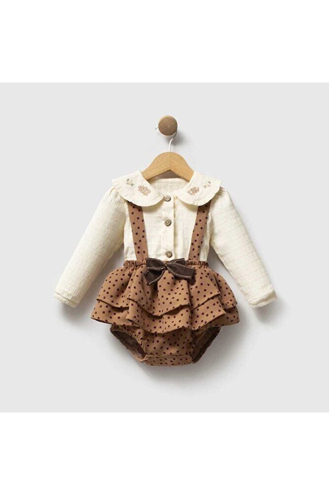 Mocha Bloom Yakası Nakış Detaylı Puantiyeli 2'li Kız Bebek Salopet Takım 6-9 Ay