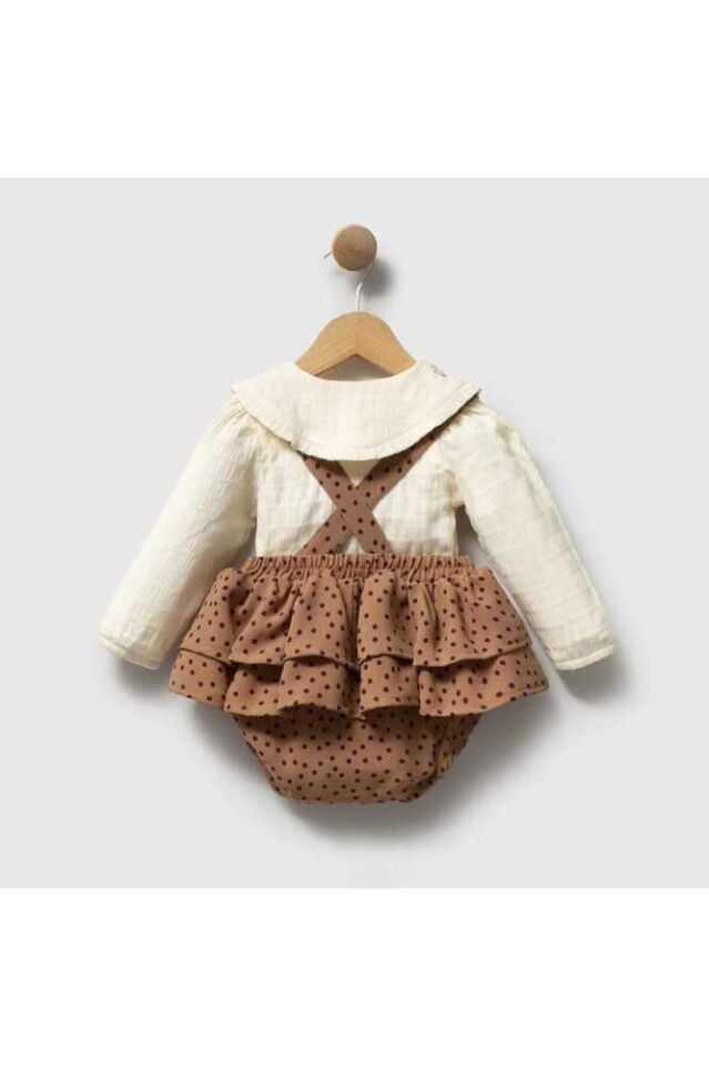 Mocha Bloom Yakası Nakış Detaylı Puantiyeli 2'li Kız Bebek Salopet Takım 6-9 Ay