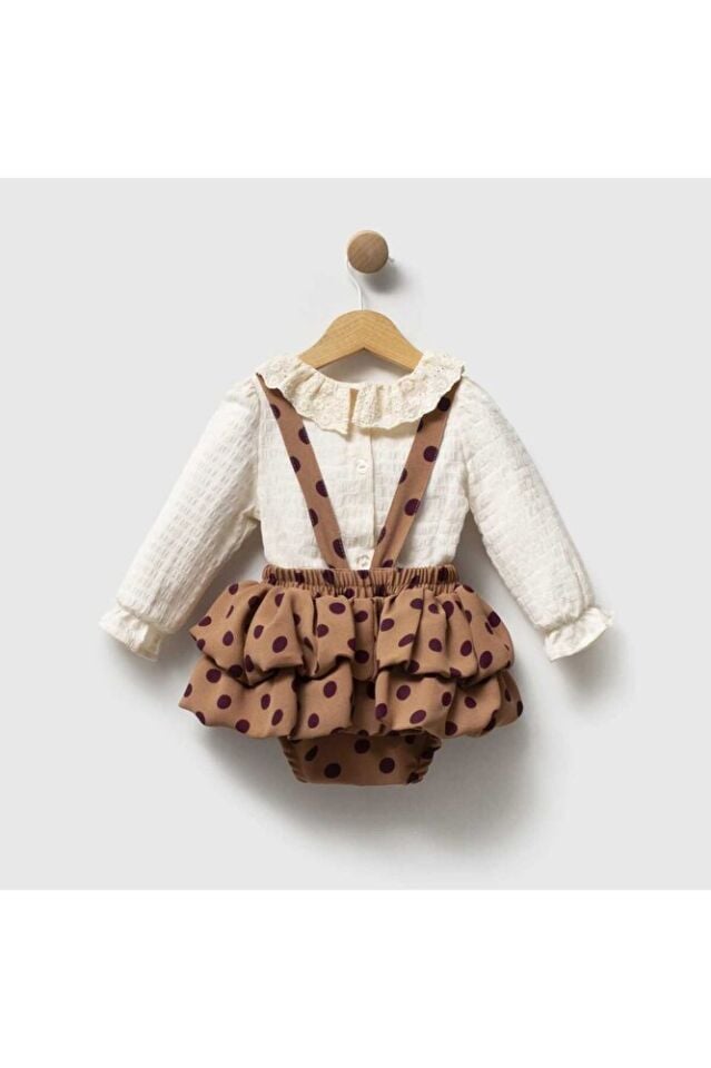 Elise Puantiyeli Vintage Salopet veFırfır yakalı Blüz 2'li Kız Bebek Takım 6-9 Ay