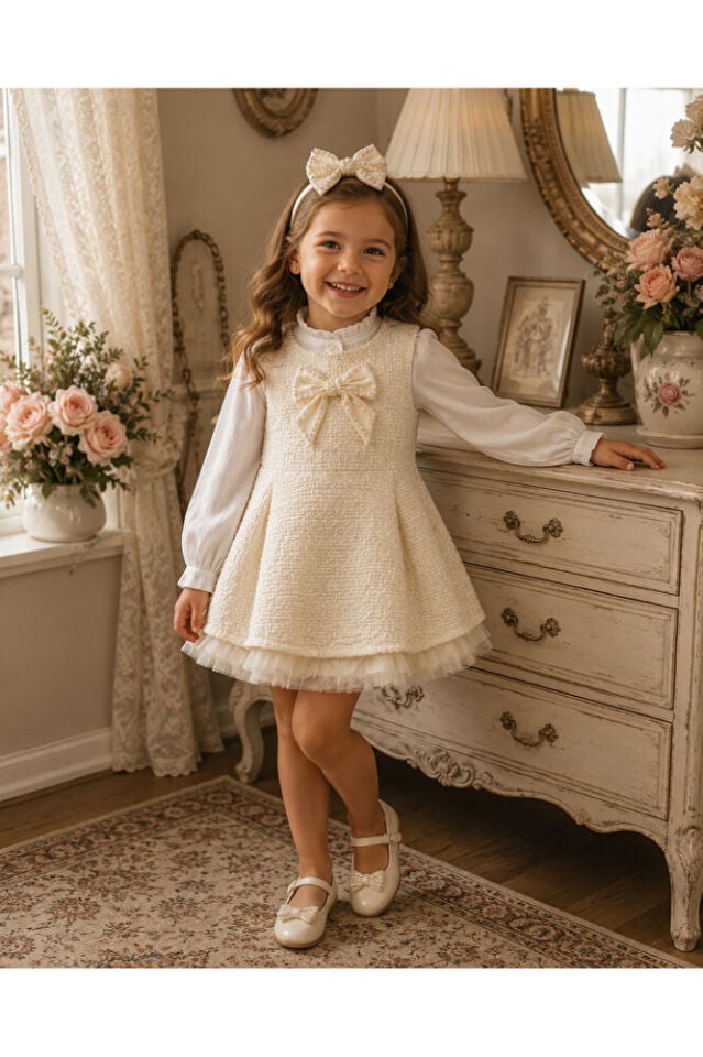 Pearl Grace Saç Aksesuarlı Blüz ve Jileden Oluşan 3'lü Kız Çocuk Takım 5 Yaş