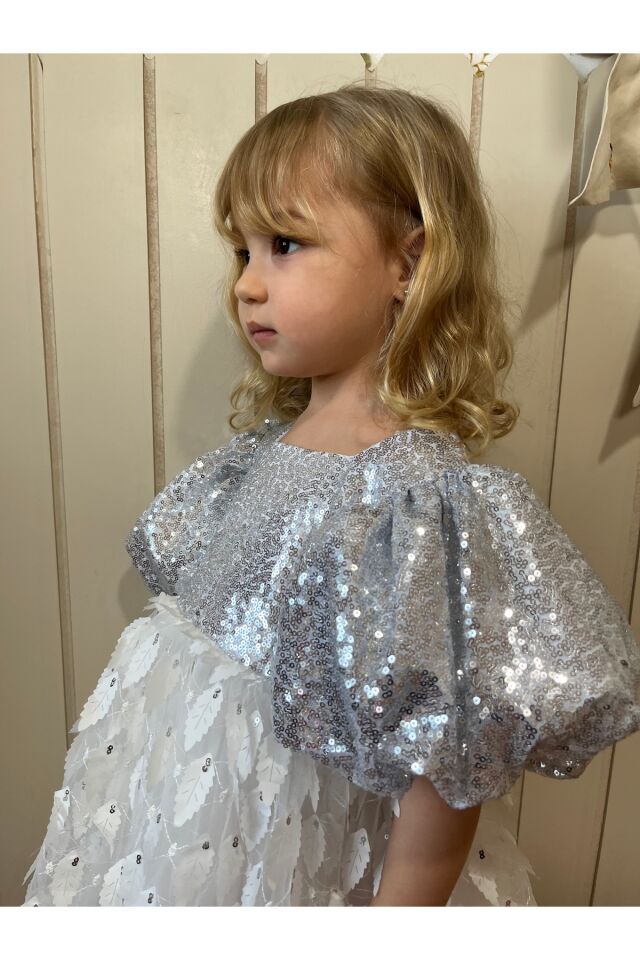 Gümüş Payetli Balon Kollu Davet Özel Gün Doğum Günü Elbisesi