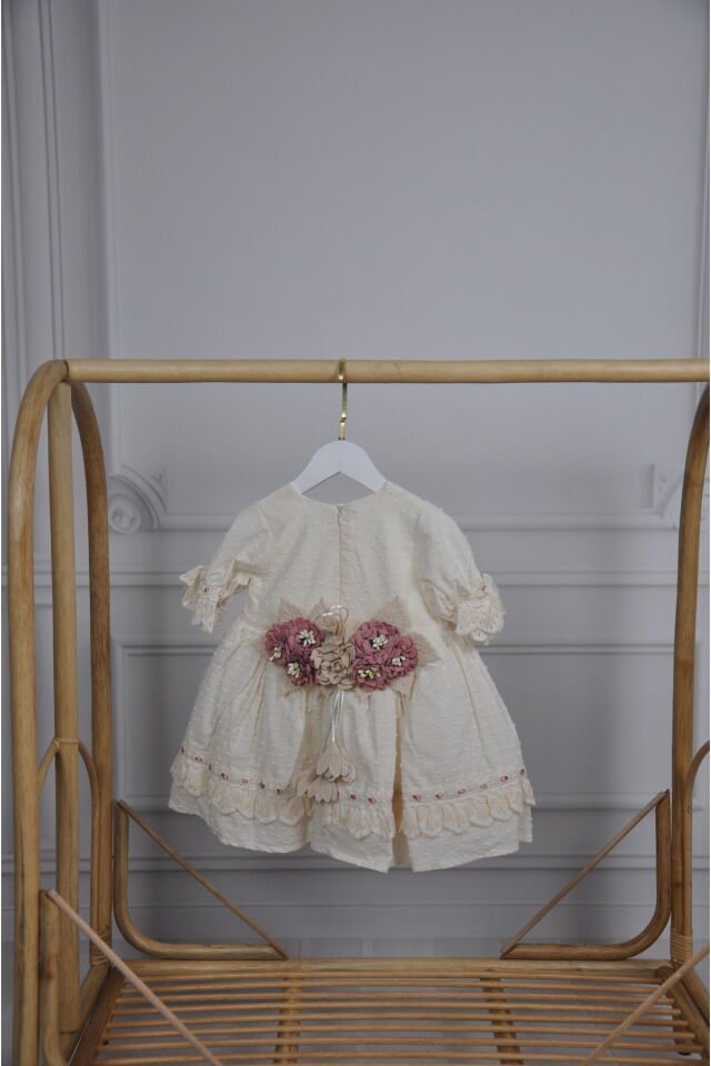 Arkası Çiçek Detaylı Vintage Kız Çocuk Elbise