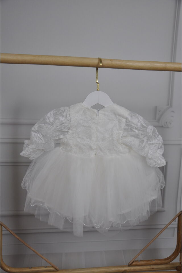 Beyaz Balon Kollu Tütülü Kız Bebek Elbise