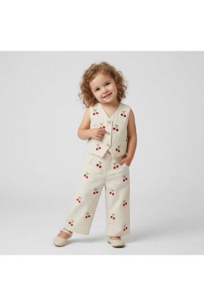 Cherry Lady Kiraz Nakışlı Kız Çocuk Keten Yelek Pantalon Takım 5 Yaş