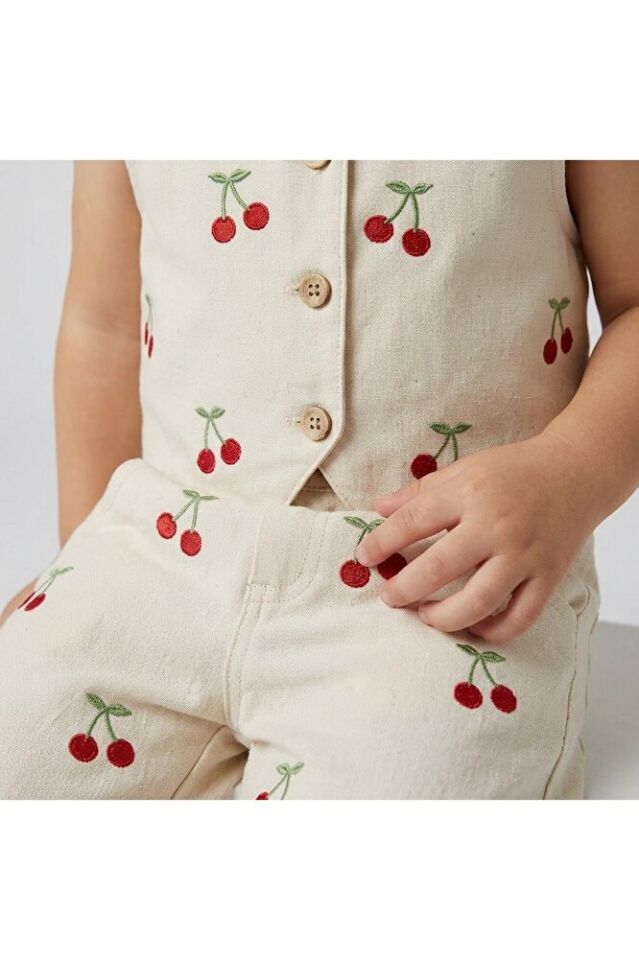 Cherry Lady Kiraz Nakışlı Kız Çocuk Keten Yelek Pantalon Takım 4 Yaş
