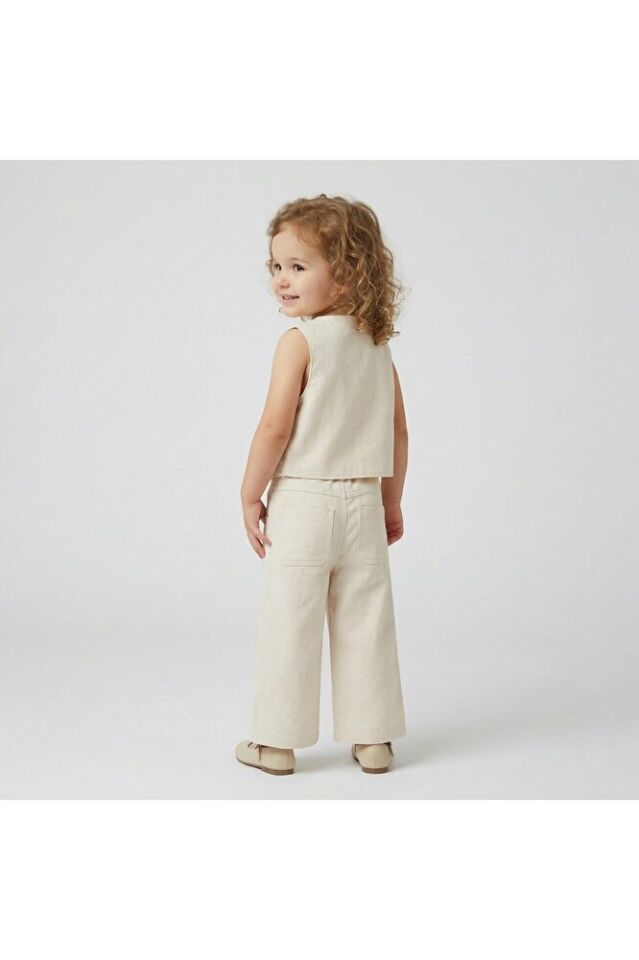 Cherry Lady Kiraz Nakışlı Kız Çocuk Keten Yelek Pantalon Takım 6 Yaş