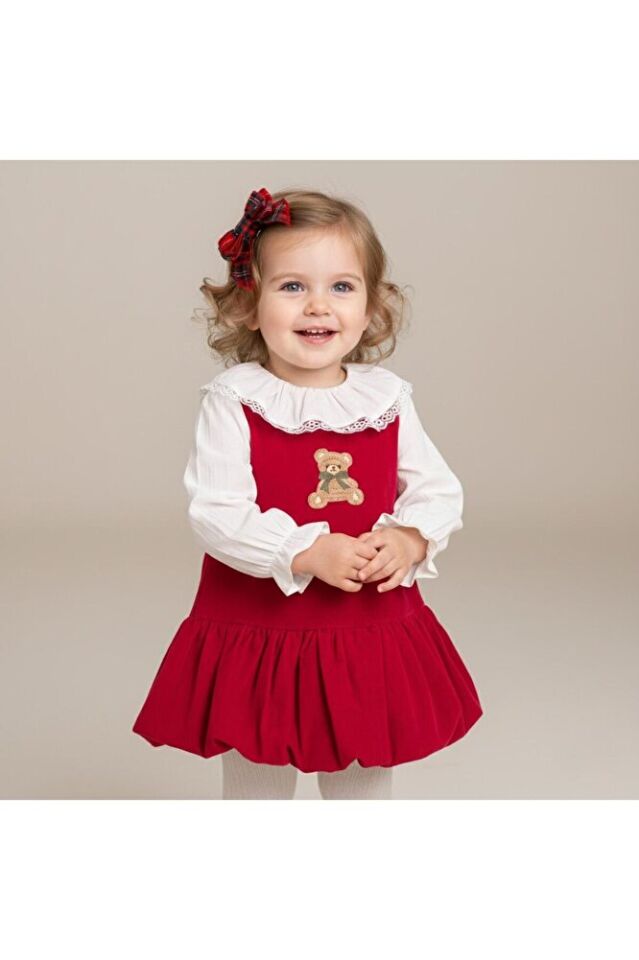 Sweet Bear Balon Etekli Toka Aksesuarlı Kırmızı Soft Fitilli Kadife İkili Kız Bebek Elbise