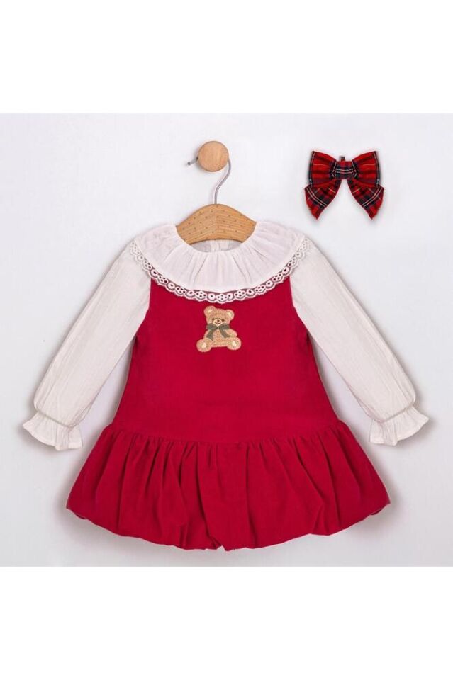 Sweet Bear Balon Etekli Toka Aksesuarlı Kırmızı Soft Fitilli Kadife İkili Kız Bebek Elbise