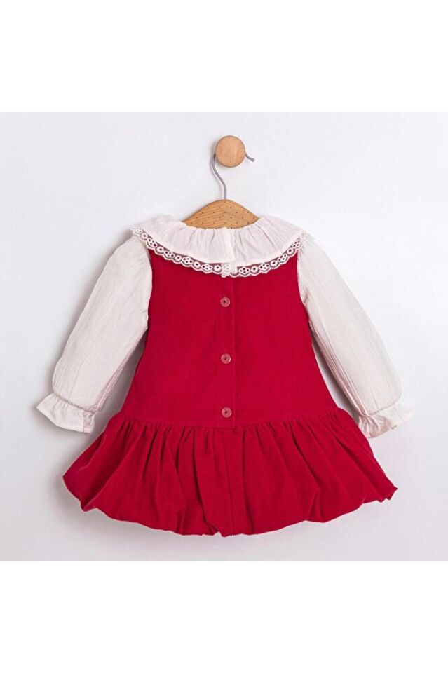 Sweet Bear Balon Etekli Toka Aksesuarlı Kırmızı Soft Fitilli Kadife İkili Kız Bebek Elbise