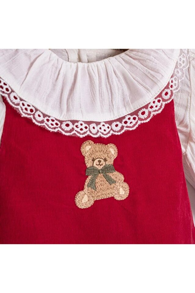 Sweet Bear Balon Etekli Toka Aksesuarlı Kırmızı Soft Fitilli Kadife İkili Kız Bebek Elbise