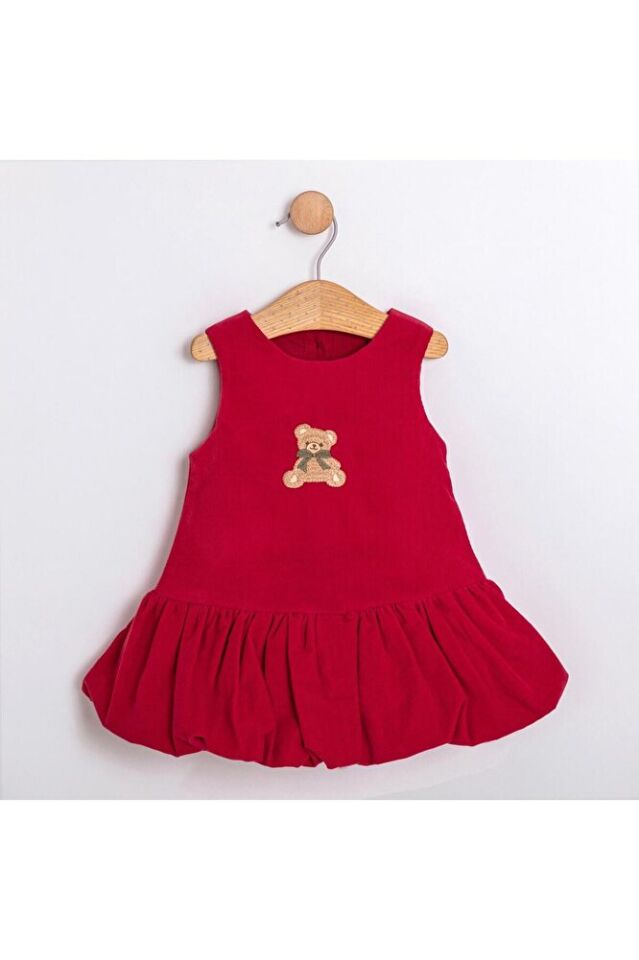 Sweet Bear Balon Etekli Toka Aksesuarlı Kırmızı Soft Fitilli Kadife İkili Kız Bebek Elbise