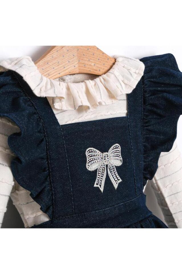 Cudi Fırfırlı Salopet Etekli Tulum ve Uzun Kollu Blüzlü Kız Bebek Esnek Denim Takım