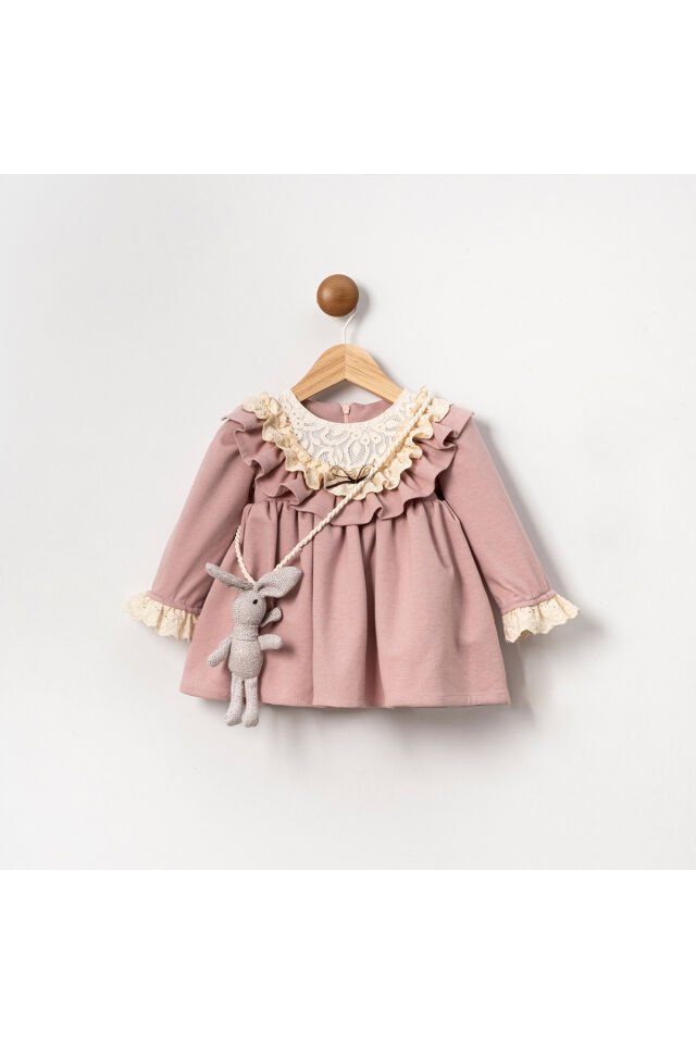 Rabbit Aksesuarlı Dantel Yakalı Kız Bebek Elbise