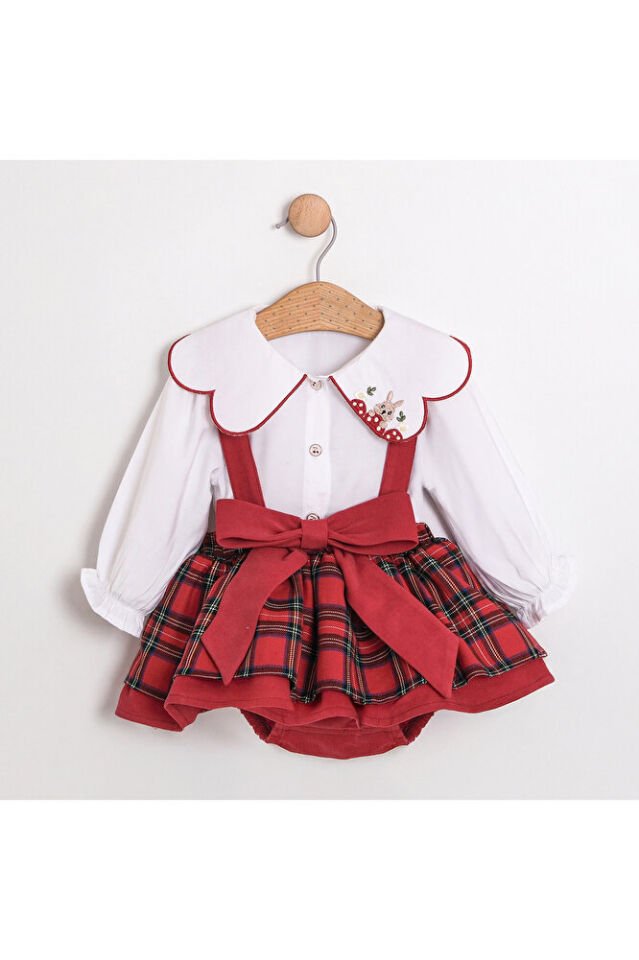 Sweet Rabbit Yakası Nakış Detaylı Ekoseli Kız Bebek Salopet Takım