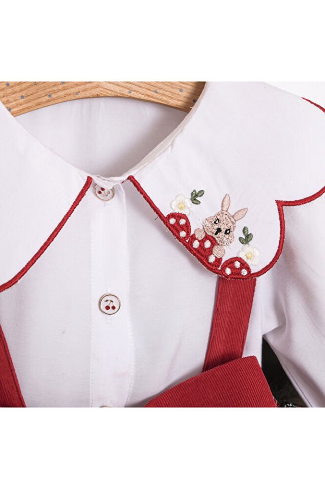 Sweet Rabbit Yakası Nakış Detaylı Ekoseli Kız Bebek Salopet Takım