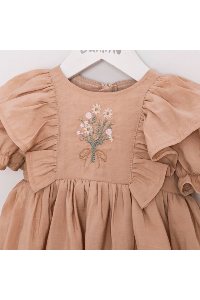 Linda Balon Kollu Nakışlı Kız Bebek Elbise