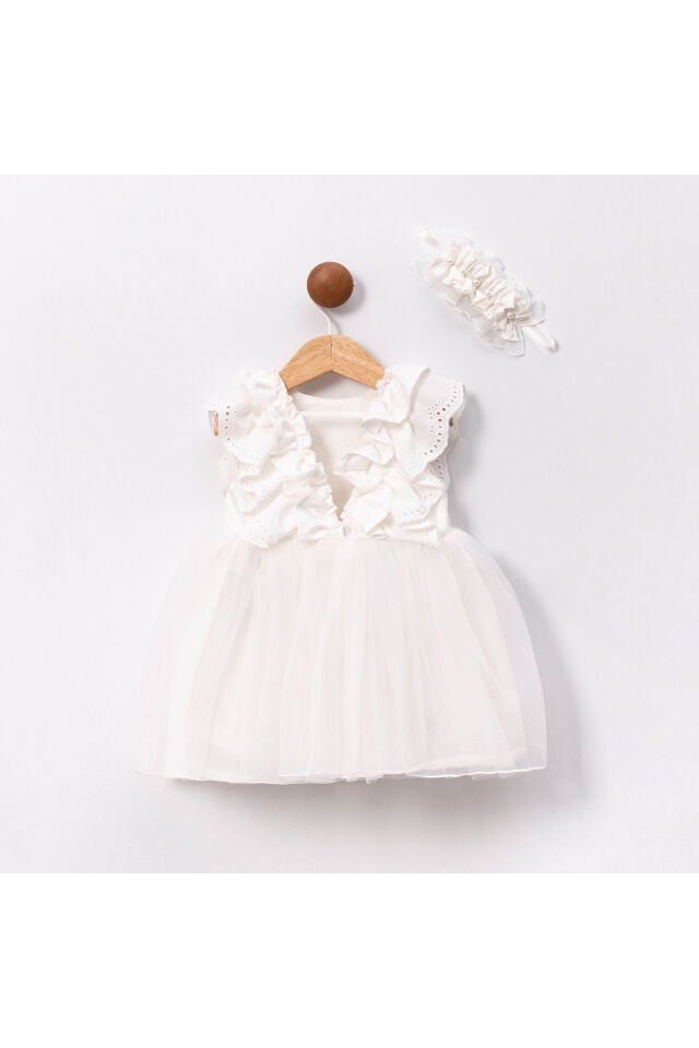 Beyaz Fistolu Fırfır Kollu ve Saç Aksesuarlı Kız Bebek Elbise
