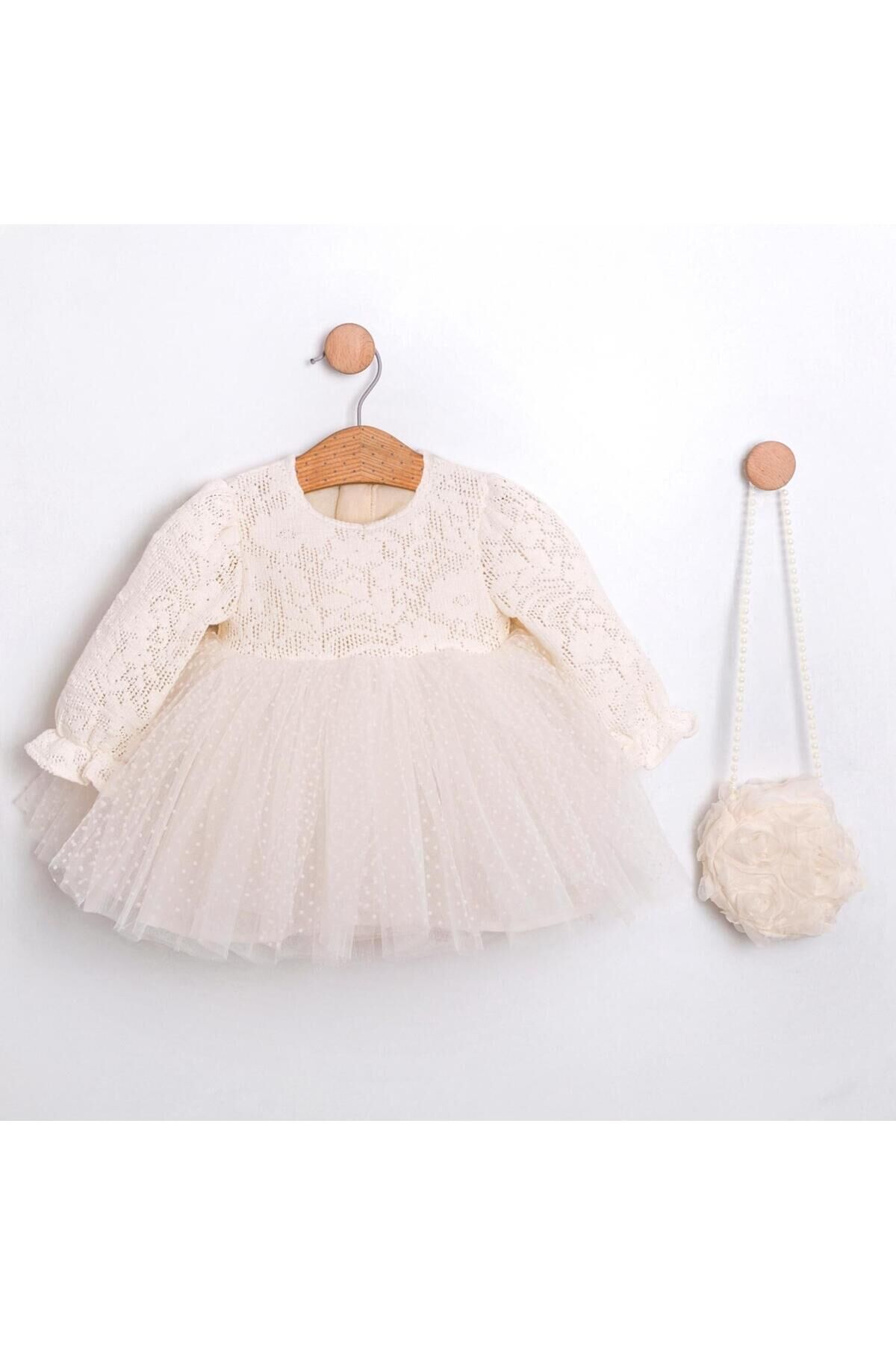 White Rose Dantel Dokulu Tütü Etekli Çanta Aksesuarlı Kız Bebek Elbise Ekru - 3-6 Ay