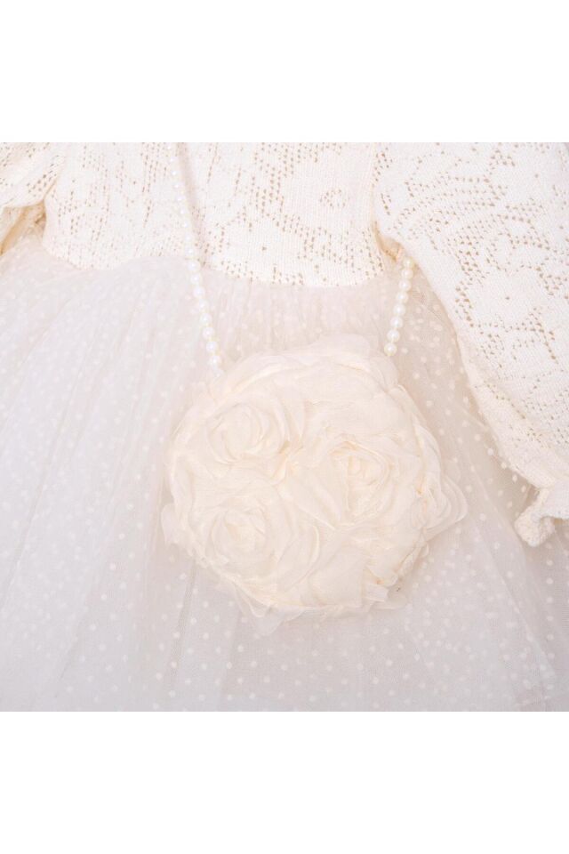 White Rose Dantel Dokulu Tütü Etekli Çanta Aksesuarlı Kız Bebek Elbise Ekru - 12-18 Ay