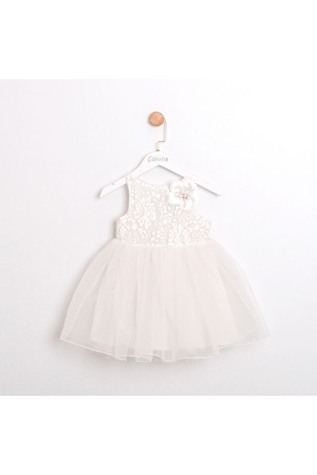 Lina Arkası Fiyonklu Beyaz Dantelli Elbise