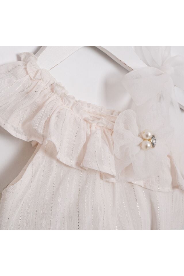 Crema Omuzu Fırfırlı İkili Kız Çocuk Takım