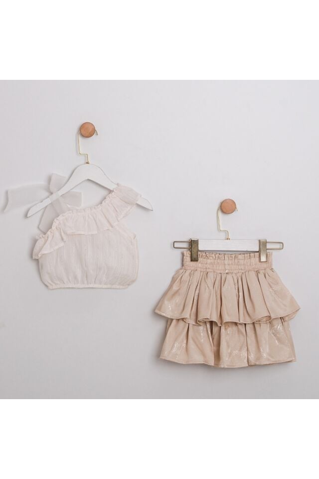 Crema Omuzu Fırfırlı İkili Kız Çocuk Takım
