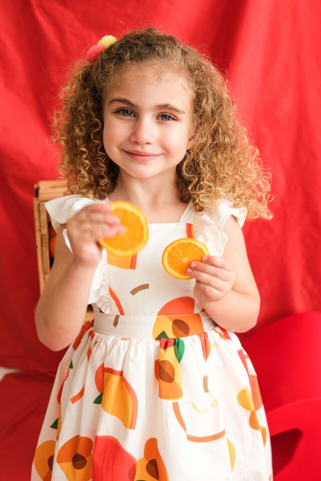 Sweet Fruit Arkası Fiyonklu Kız Çocuk Elbise