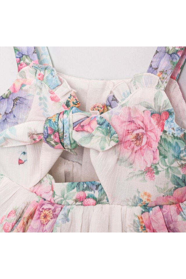 April Çiçek Desenli Cut Out Detaylı Çanta Aksesuarlı Kız Çocuk Elbise