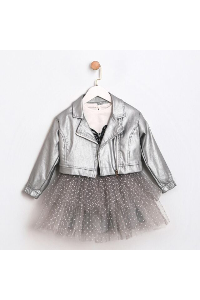 Silver Çeket Tütü Etek Blüz Üçlü Kız Çocuk Takım