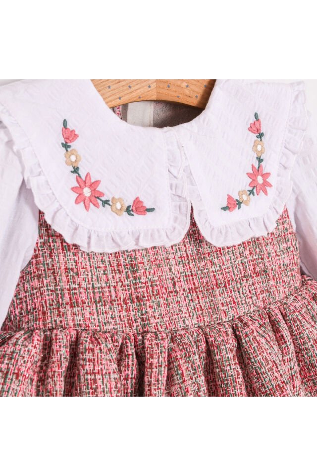 Yakası Nakışlı Tüvit Kız Bebek Elbise