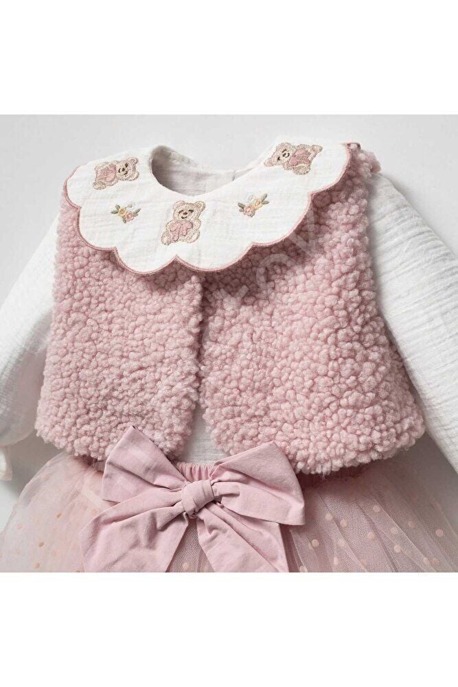 Lily Pink Yakası Nakış Detaylı Gömlek Şort Yelekten Oluşan 3'lü Kız Bebek Takım