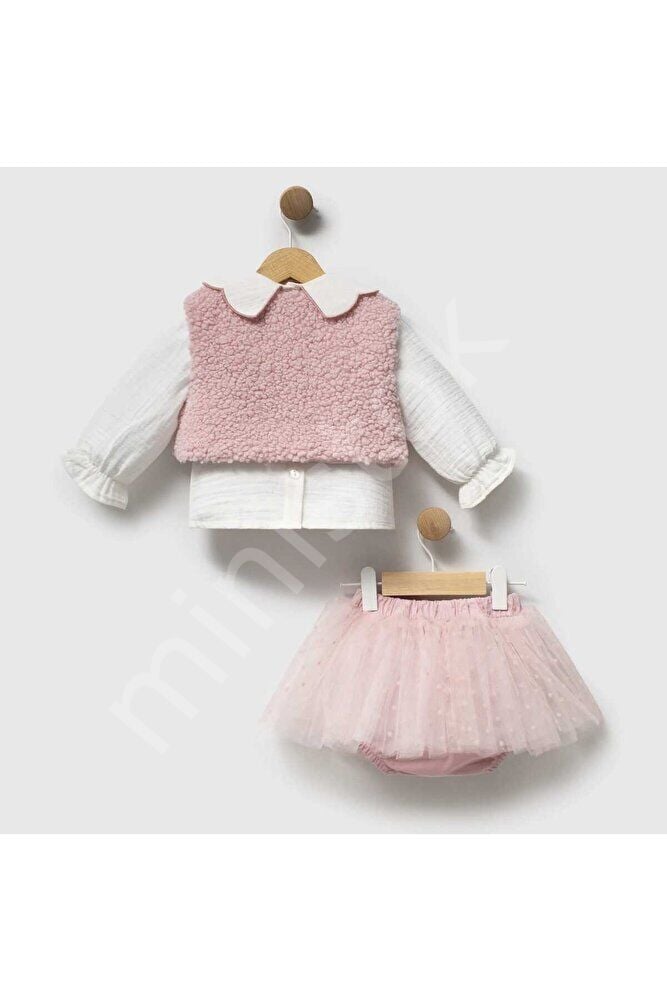 Lily Pink Yakası Nakış Detaylı Gömlek Şort Yelekten Oluşan 3'lü Kız Bebek Takım